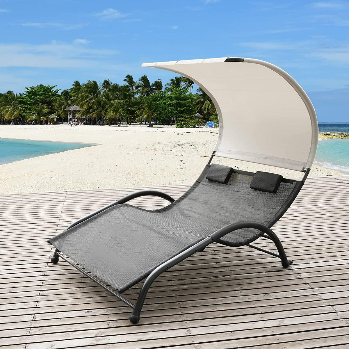 Outdoor Double Chaise Lounge Bed Chair with Canopy & Both Removable Pi