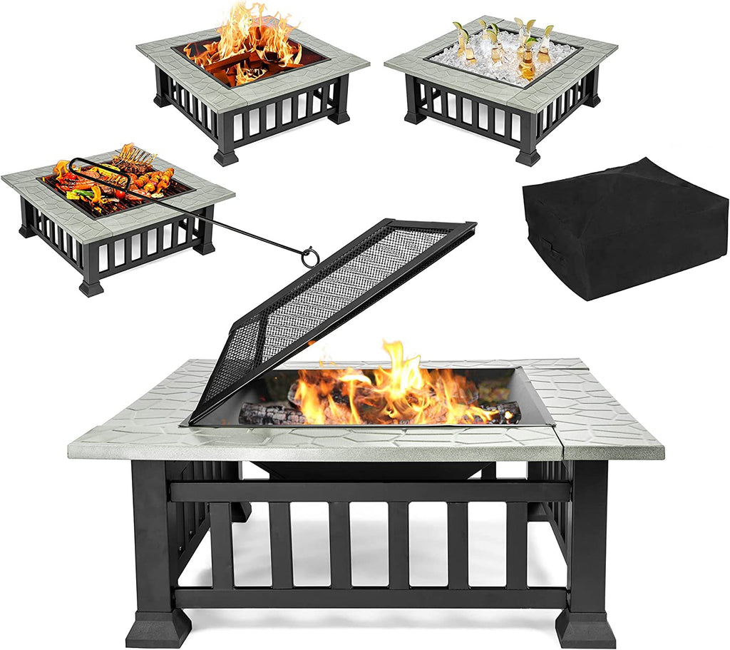 4-in-1 Fire Pit Table Square Bonfire Pits Stove, 32'' Fire Pit Bowl ...