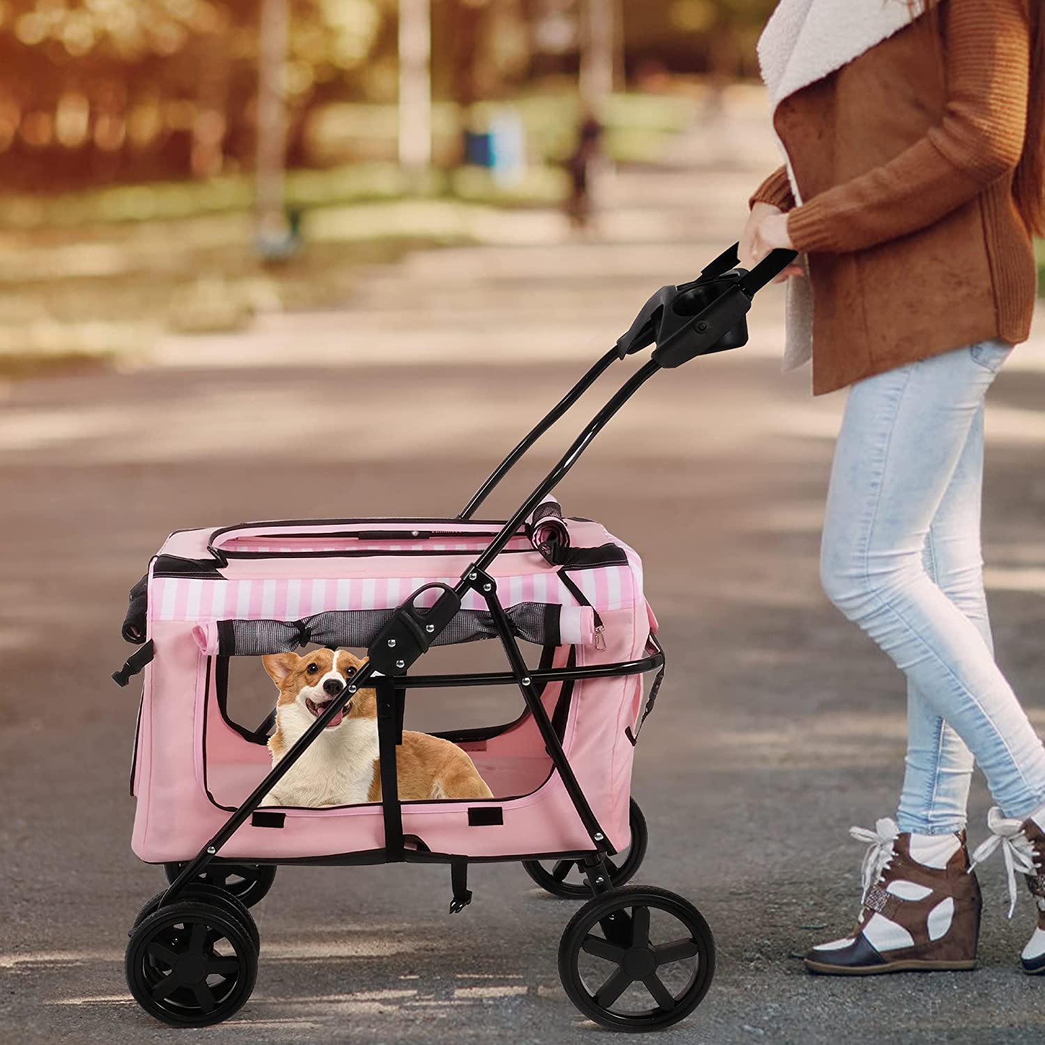 3-in-1 Folding Pet Stroller Travel Pet Gear Stroller with Detachable Carrier Bag & Water Cup Holder, Pink - Bosonshop