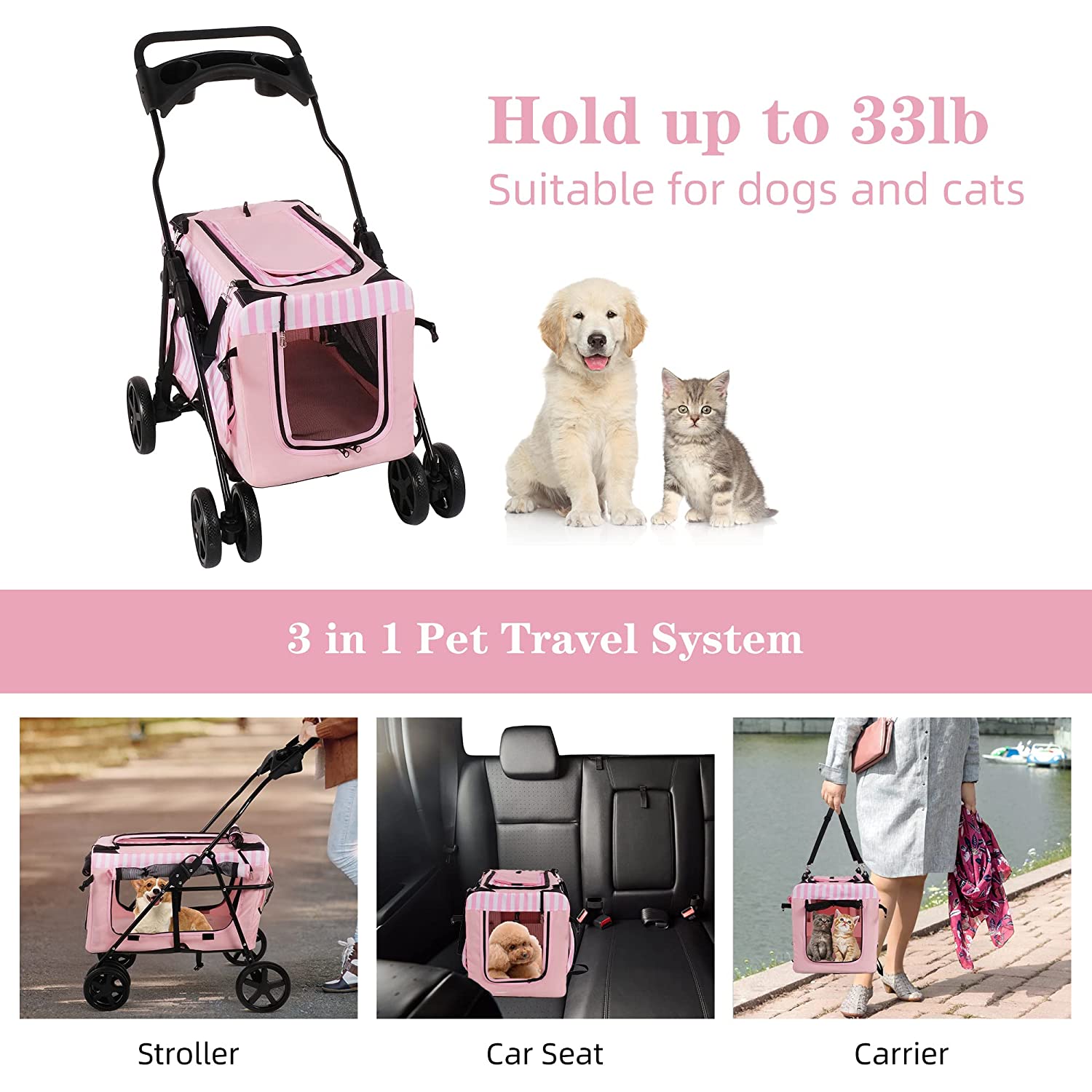 3-Wheel Pet Stroller Cat Dog Cage Stroller Folding Carrier Breathable Cup  Holder