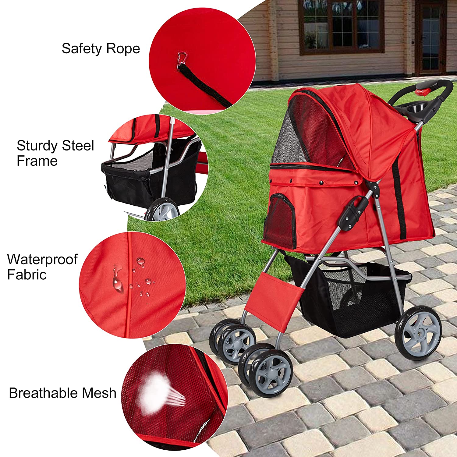 Best Choice Products 3 Wheel Folding Pet Stroller Travel Carrier Carriage for Cats and Dogs Red